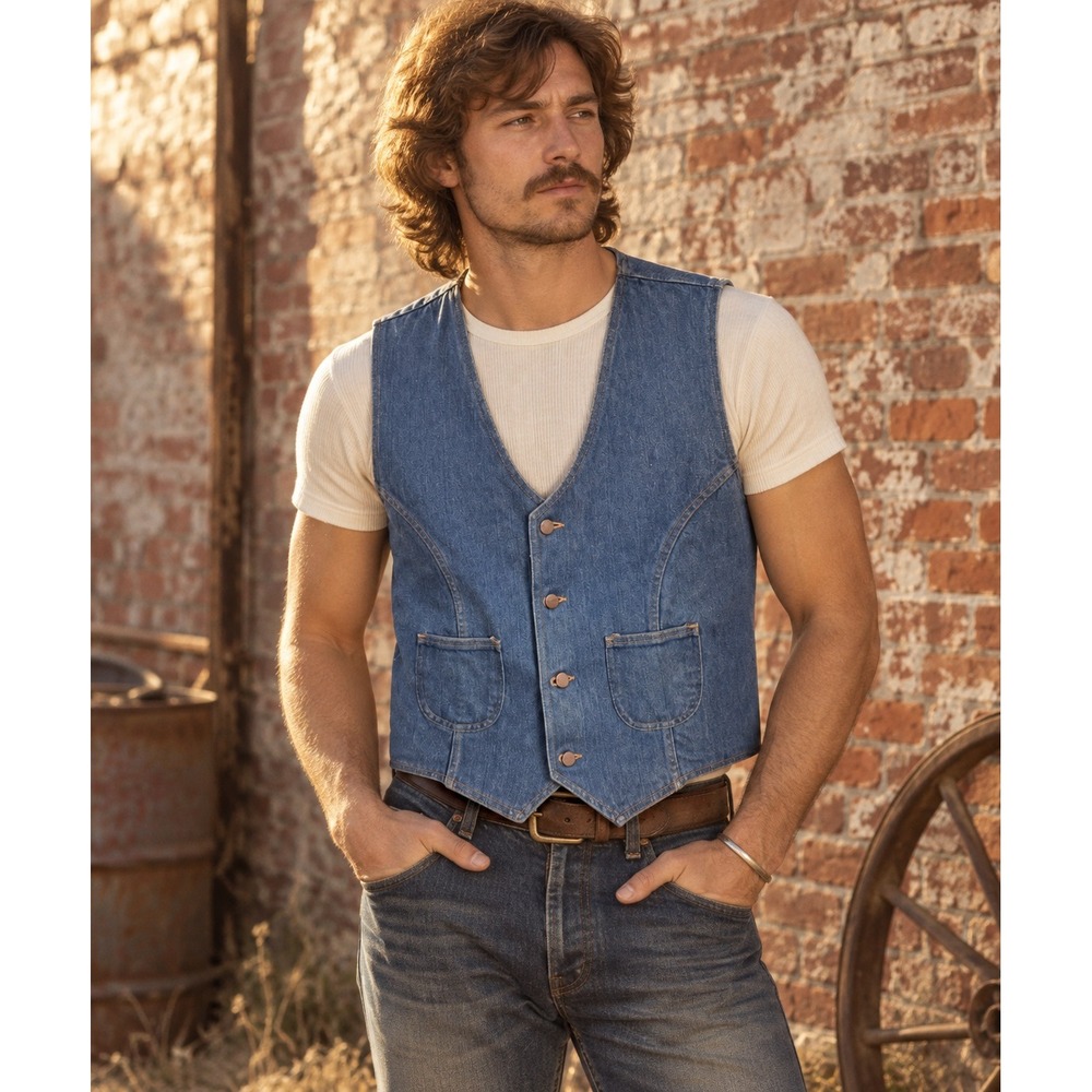 Vintage Wrangler No Fault Denim Vest USA Made Western Cowboy Workwear